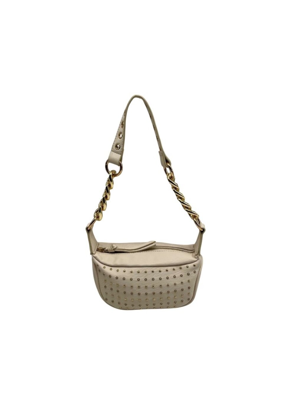 MMS Brands Cream Leather Studded Crescent Shoulder Bag